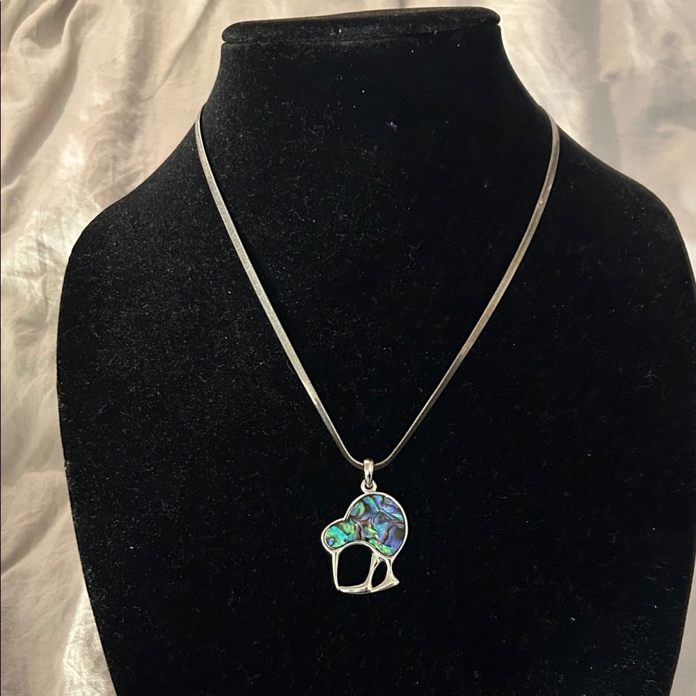 Abalone Inlay Kiwi Bird Pendant Necklace - Silver Tone